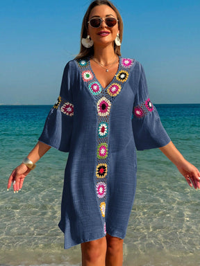 Saída de Praia Vestido Casual Folgado com Decote em V, Crochê Floral e Fenda Lateral, Protetor