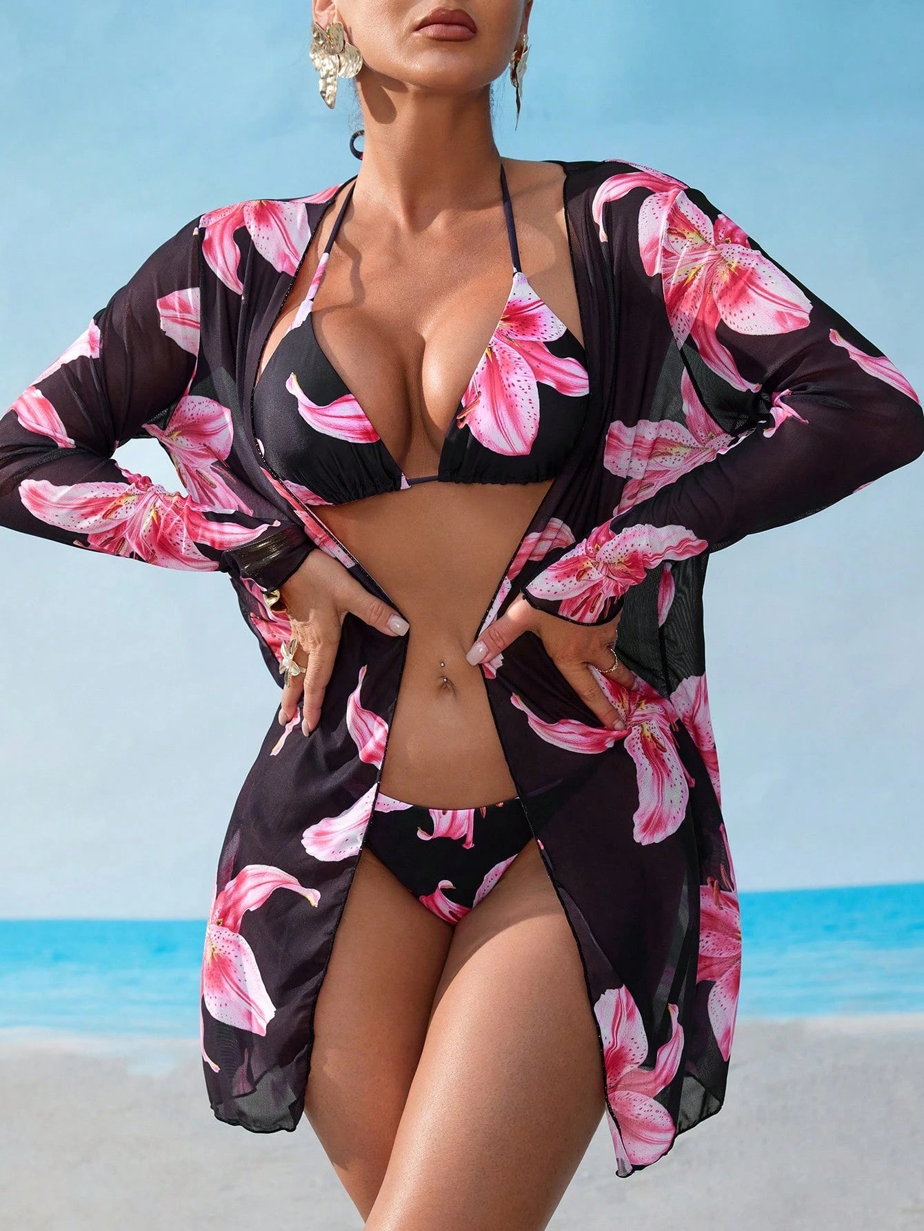 Saída de Praia Conjunto de biquíni malha impressão floral 