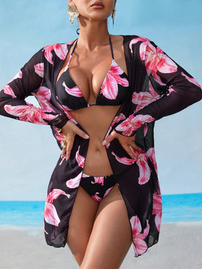 Saída de Praia Conjunto de biquíni malha impressão floral 