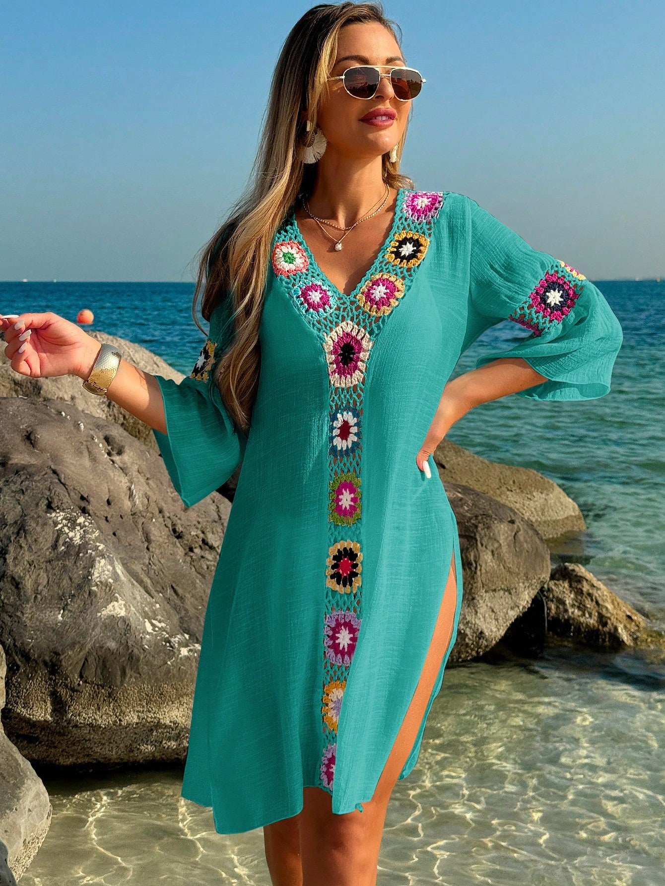 Saída de Praia Vestido Casual Folgado com Decote em V, Crochê Floral e Fenda Lateral, Protetor