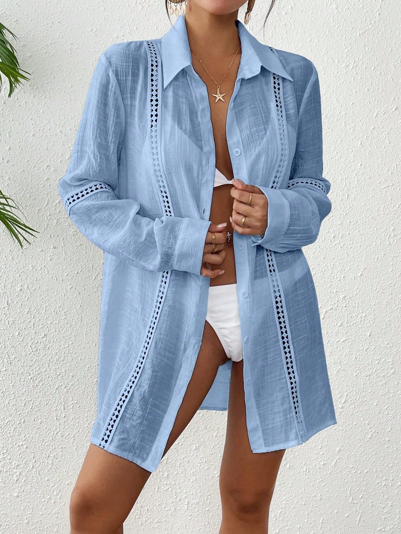 Saída de Praia Helena Maria Cobertura Casual de Manga Comprida com Botões na Frente e Estilo Kimono