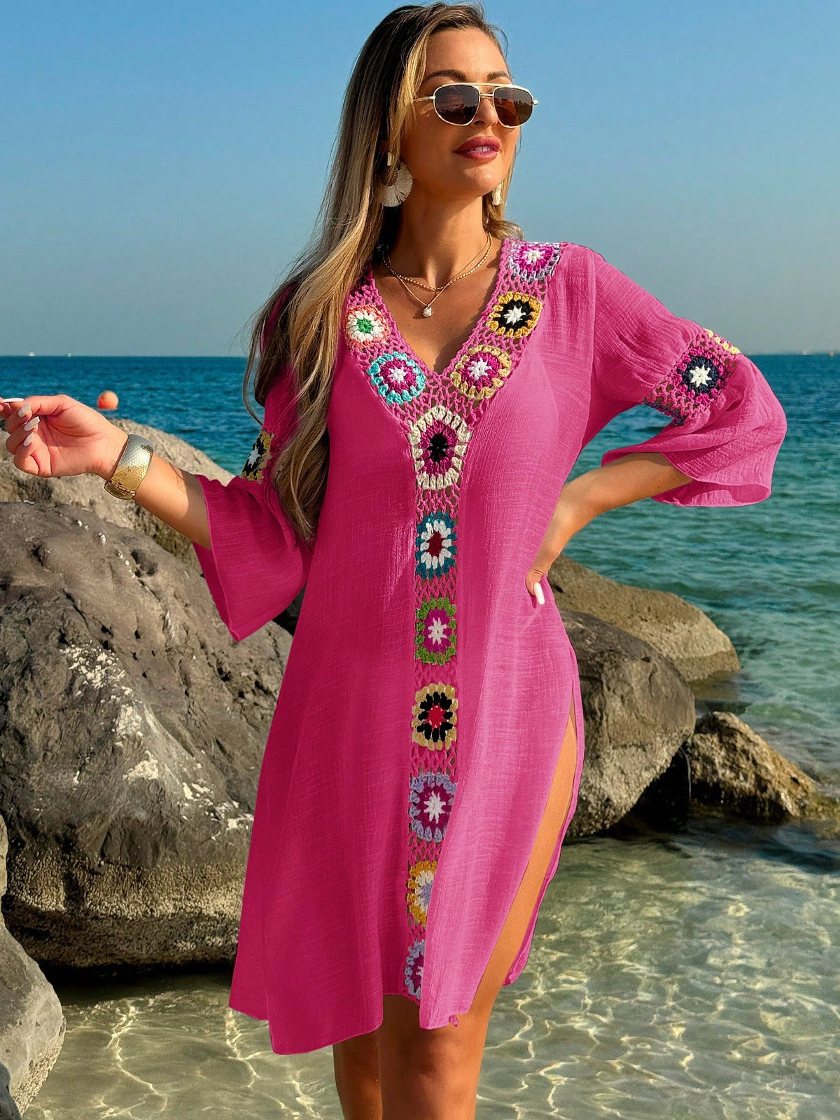 Saída de Praia Vestido Casual Folgado com Decote em V, Crochê Floral e Fenda Lateral, Protetor