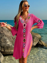 Saída de Praia Vestido Casual Folgado com Decote em V, Crochê Floral e Fenda Lateral, Protetor