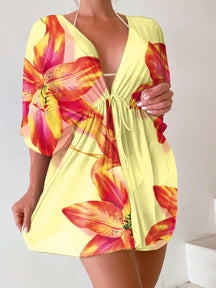 Saída d Praia Ombre Cintura Com Cordão Manga De Asa De Morcego Malha Quimono