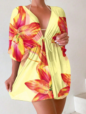 Saída d Praia Ombre Cintura Com Cordão Manga De Asa De Morcego Malha Quimono