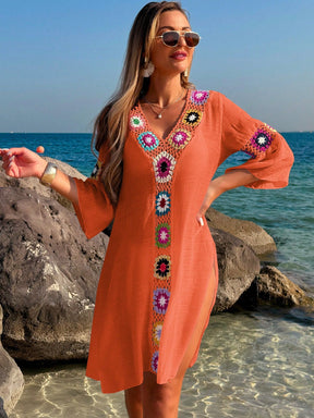 Saída de Praia Vestido Casual Folgado com Decote em V, Crochê Floral e Fenda Lateral, Protetor
