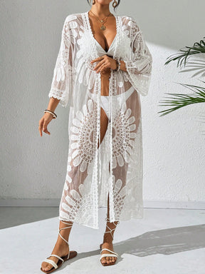 Saída de Praia Quimono Capa Transparente com Estampa Floral de Resort 