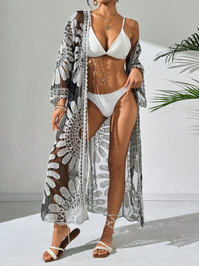 Saída de Praia Quimono Capa Transparente com Estampa Floral de Resort 
