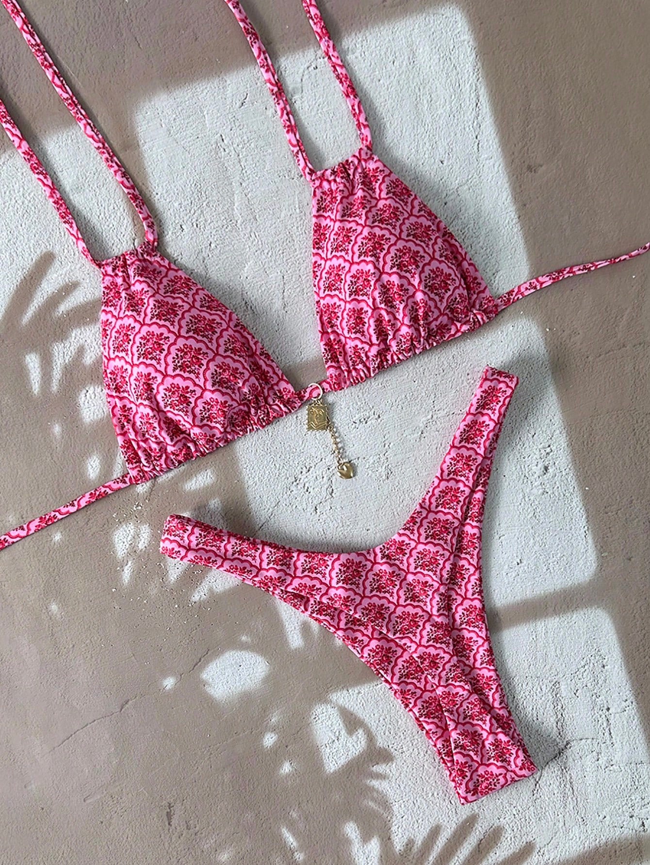  Conjunto de Maiô Bikini com Decote Halter, Estampa Floral 