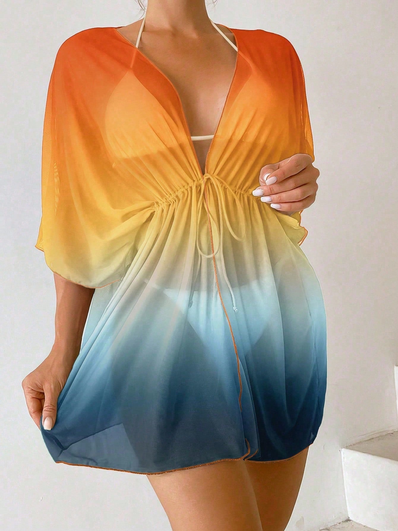 Saída d Praia Ombre Cintura Com Cordão Manga De Asa De Morcego Malha Quimono