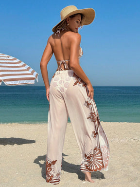 Conjunto de Maiô Bikini Halter com Alça e Sutiã Triângulo Estampado com Calça de Tule