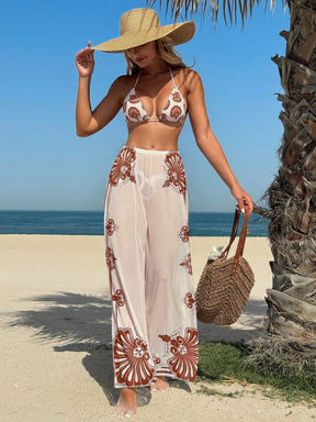 Conjunto de Maiô Bikini Halter com Alça e Sutiã Triângulo Estampado com Calça de Tule