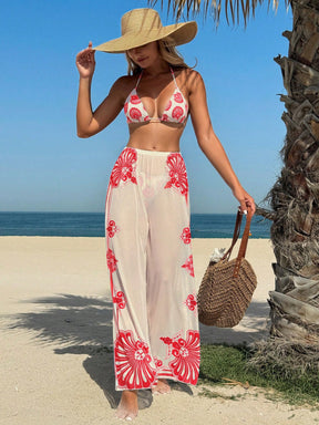 Conjunto de Maiô Bikini Halter com Alça e Sutiã Triângulo Estampado com Calça de Tule