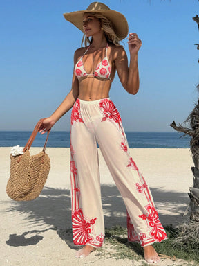 Conjunto de Maiô Bikini Halter com Alça e Sutiã Triângulo Estampado com Calça de Tule