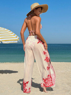 Conjunto de Maiô Bikini Halter com Alça e Sutiã Triângulo Estampado com Calça de Tule