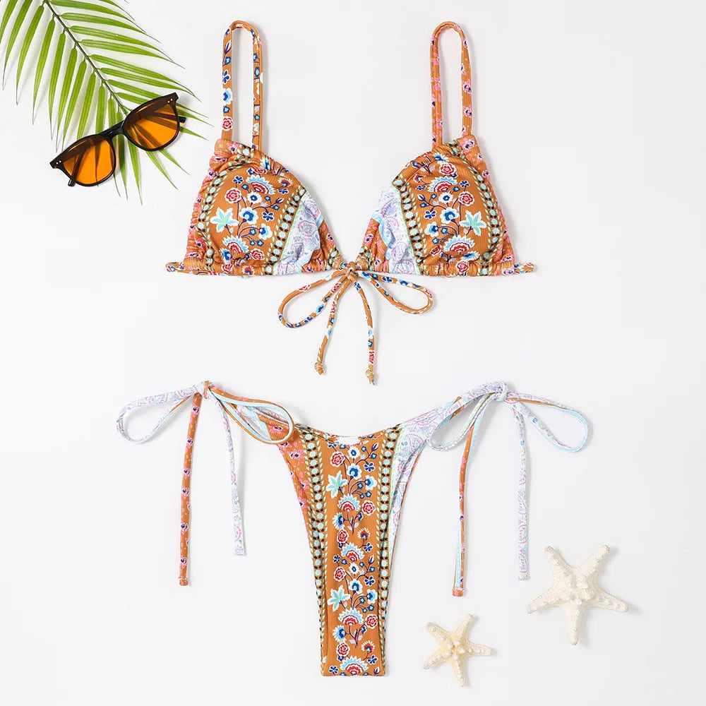 2022 floral impressão corda bandagem bikini conjunto de banho feminino verão sexy push up maiô beachwear halter biqiuni maiô