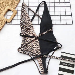 Leopardo com decote em v diy envoltório em torno de uma peça maiô feminino banho banhista leopardo alta corte maiô nadar monokini v742