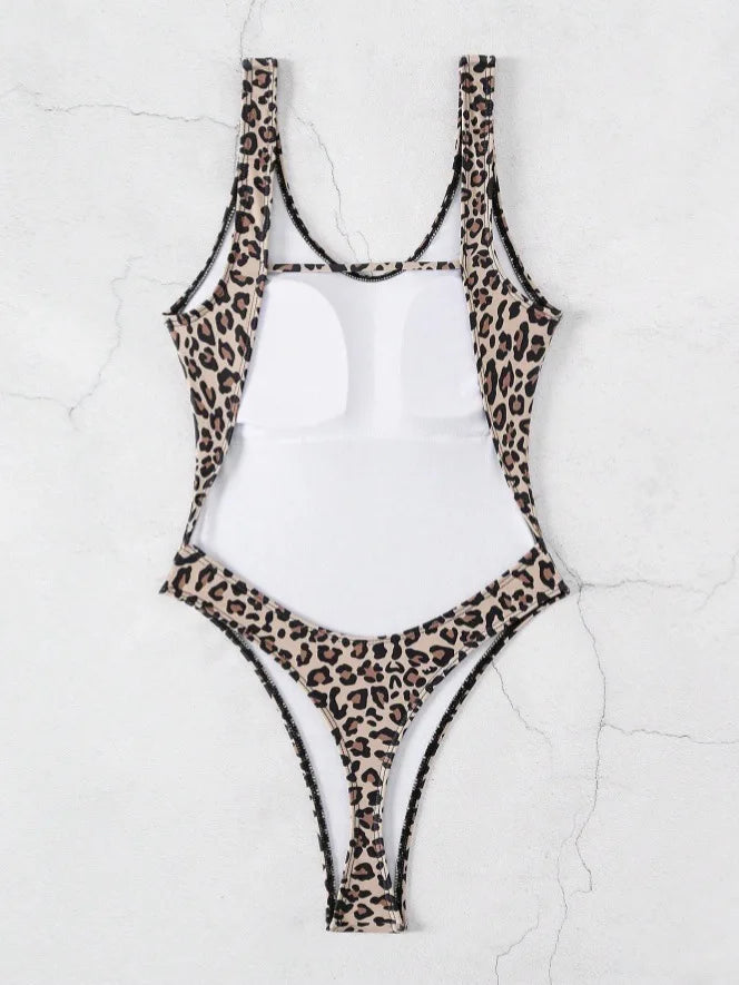 Maiô sem encosto de peça única para mulheres, leopardo sexy, monokini com decote em v, swimwear fino, férias de praia, verão, novo, 2024