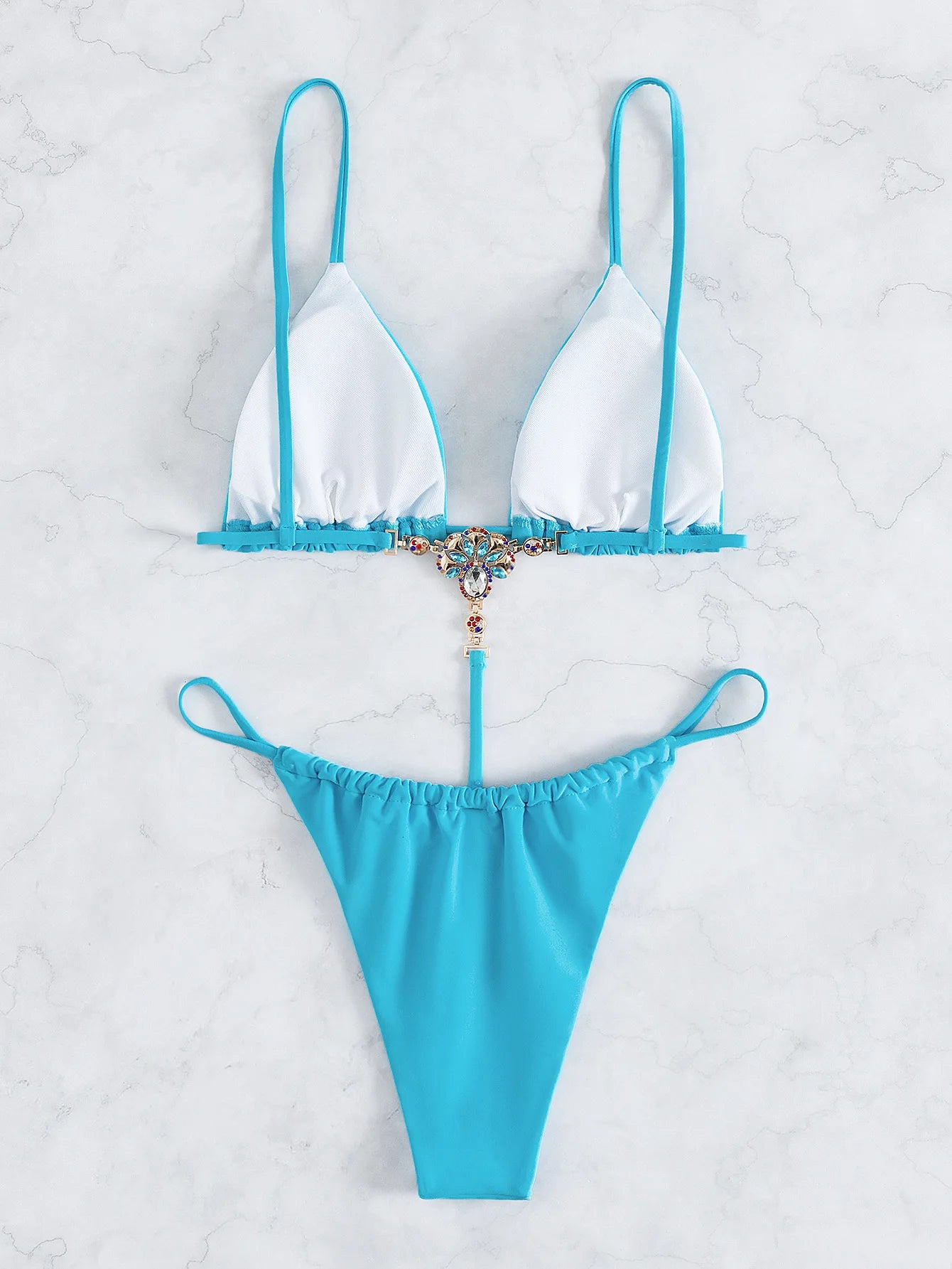 2024 sexy uma peça de banho maiô feminino triângulo sem costas cristal decoração tanga céu azul biquinis conjunto maiô praia biquíni