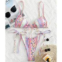 2022 floral impressão corda bandagem bikini conjunto de banho feminino verão sexy push up maiô beachwear halter biqiuni maiô