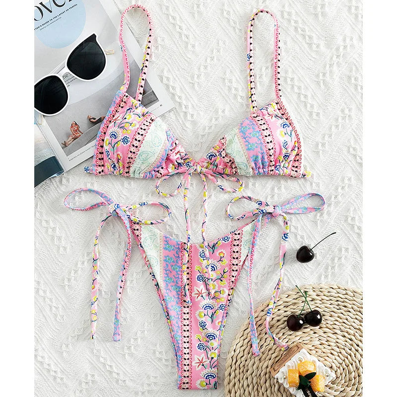 Biqiuyyi nova corda de impressão floral bandagem biquinis triângulo copo push up maiô feminino beachwear halter banho xs