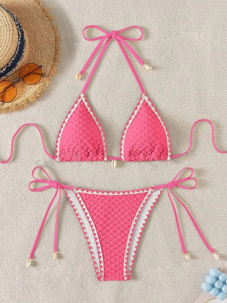 Sexy halter enrugado tecer conjunto de biquíni escudo designer maiô feminino push up micro biquinis verão maiô nadar beach wear