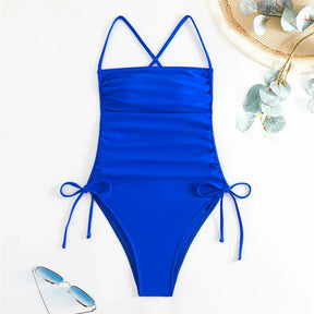 Sexy azul sem costas maiôs feminino 2025 uma peça de banho lado cordão rendas alta corte maiô monokini natação wear