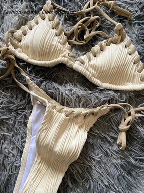 Biquíni halter enrugado para mulheres, roupa de banho feminina, maiô, conjunto de biquíni de duas peças, maiô brasileiro, roupa de praia, 2021