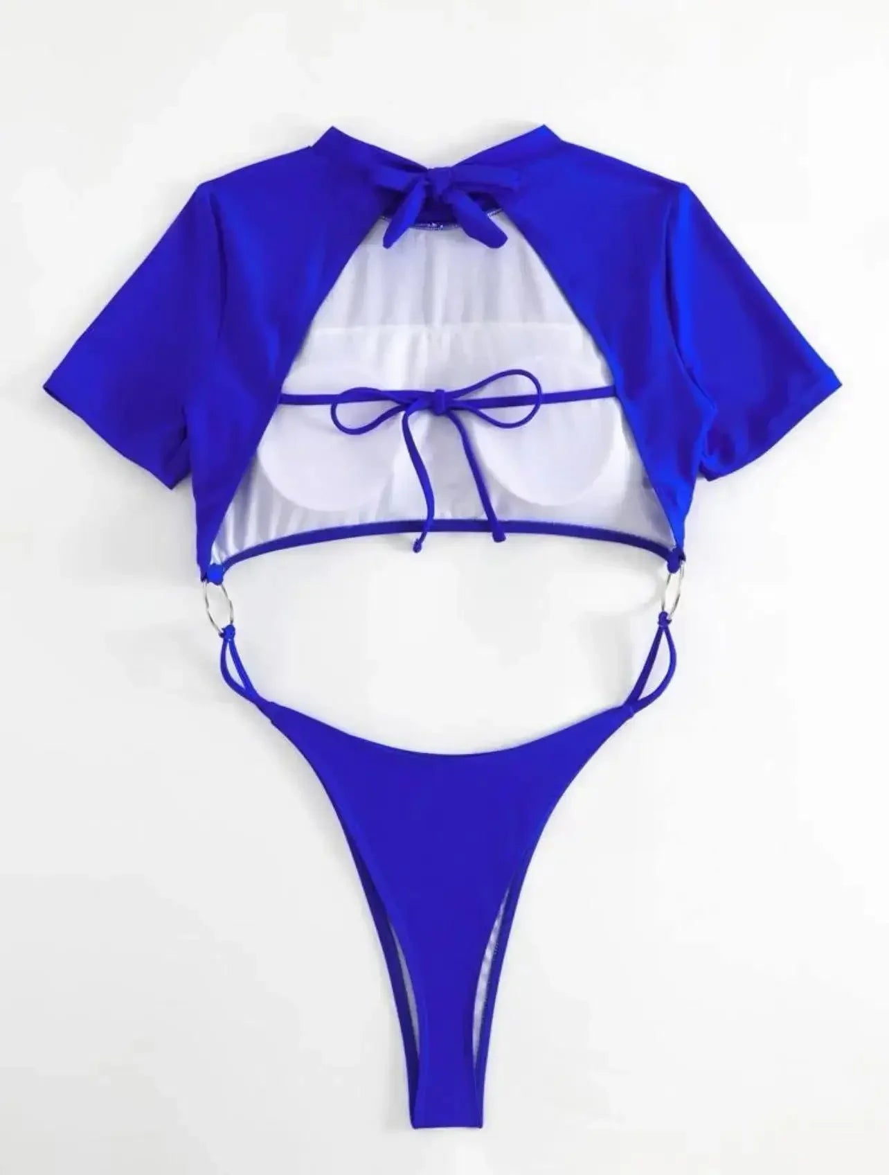 Biquíni feminino maiô 2024 azul manga curta oco para fora tanga monokini praia brasileira maiô push up uma peça de banho