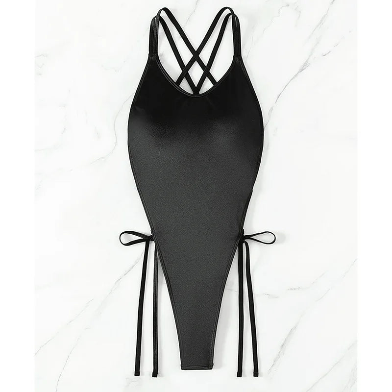 One-piece maiô para as mulheres, tanga, sexy, sólido, preto, bandagem, corpo, sem encosto, monokini, roupas de praia