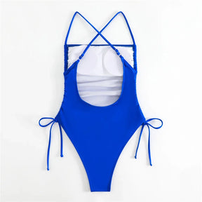 Sexy azul sem costas maiôs feminino 2025 uma peça de banho lado cordão rendas alta corte maiô monokini natação wear