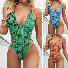 Maiô de uma peça para mulheres recortado Monokini, maiô impresso de pele de cobra, bandagem de corda sexy, moda praia