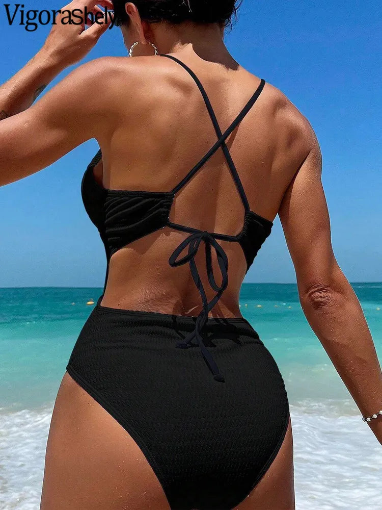 Vigoashely 2025 sexy preto amarrado roupa de banho feminina push up oco um pedaço maiô monokini cruz sem costas praia maiô