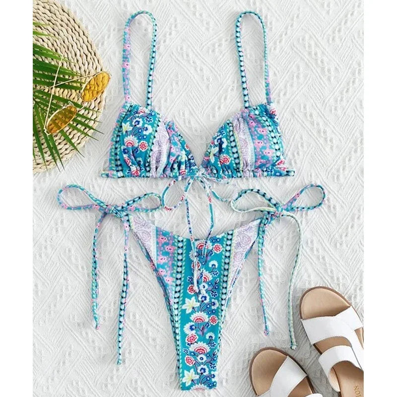 2022 floral impressão corda bandagem bikini conjunto de banho feminino verão sexy push up maiô beachwear halter biqiuni maiô