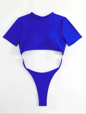 Biquíni feminino maiô 2024 azul manga curta oco para fora tanga monokini praia brasileira maiô push up uma peça de banho